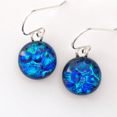 Blue and turquoise round dichroic glass earrings