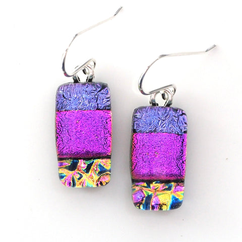 Purple pink and gold dichroic glass earrings