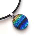 Blue, turquoise, green and orange fused dichroic glass pendant