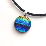 Blue, turquoise, green and orange fused dichroic glass pendant