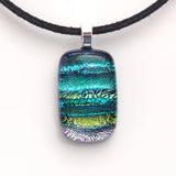 Teal green, aqua, gold and silver fused dichroic glass pendant