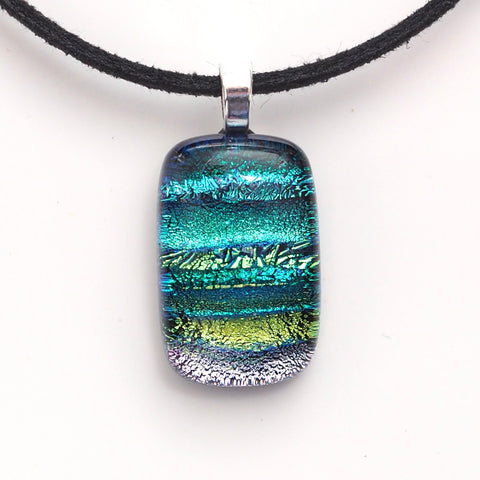 Teal green, aqua, gold and silver fused dichroic glass pendant