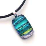 Teal green, aqua, gold and silver fused dichroic glass pendant