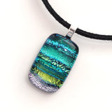 Teal green, aqua, gold and silver fused dichroic glass pendant