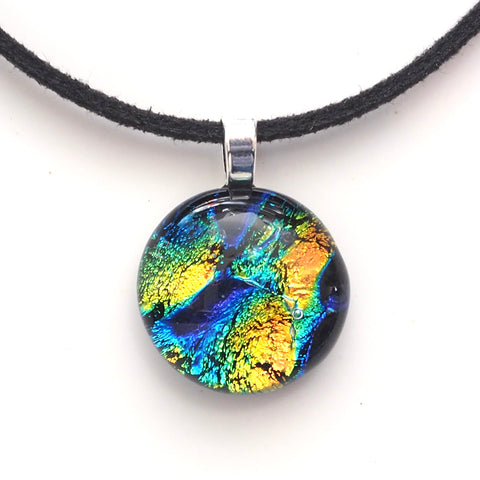 Blue and yellow dichroic glass pendant necklace