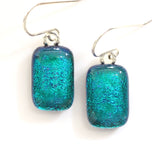Emerald green peacock blue dichroic glass earrings