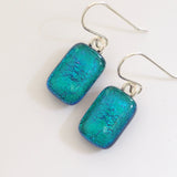 Emerald green peacock blue dichroic glass earrings