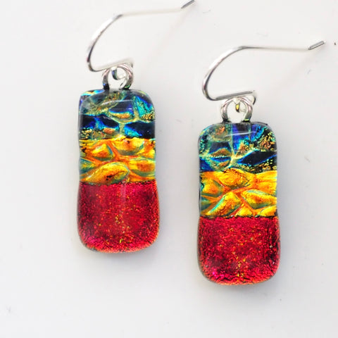 Blue orange and red dichroic glass earrings - handmade in the UK