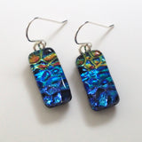 Blue and salmon dichroic glass earrings