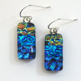Blue and salmon dichroic glass earrings