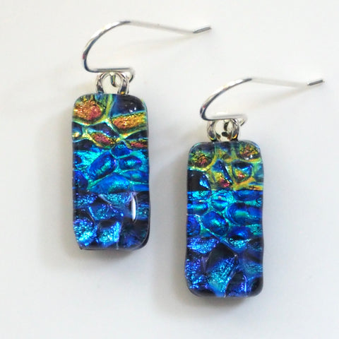 Blue and salmon dichroic glass earrings