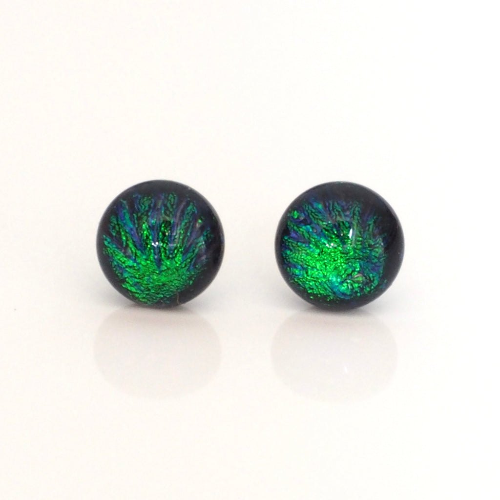 Green blue starburst dichroic glass stud earrings