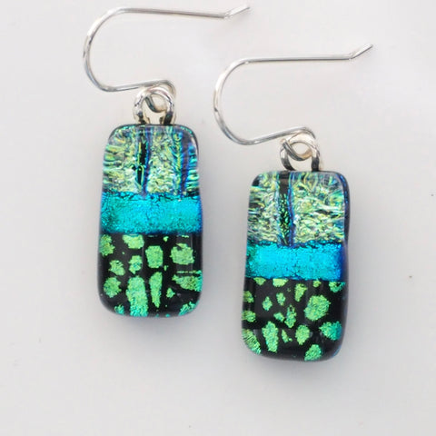 Green and turquoise fused dichroic glass earrings