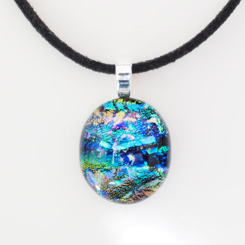 Blue turquoise and green fused dichroic glass pendant