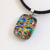 Coral blue and gold fused dichroic glass pendant