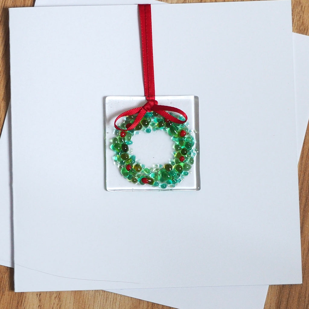 Christmas wreath fused glass greetings card