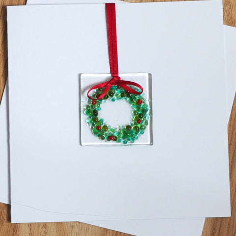 Christmas wreath fused glass greetings card