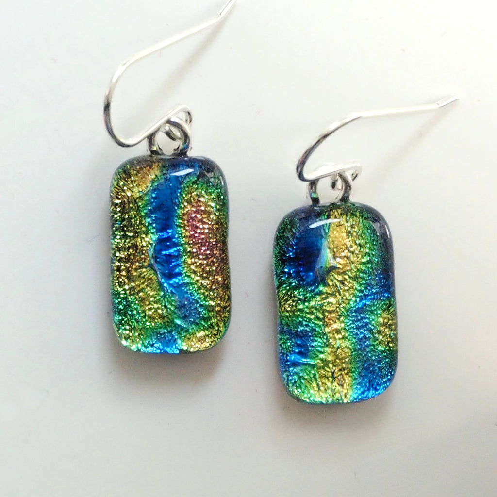 Blue green yellow fused glass earrings