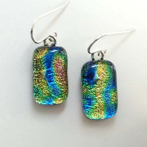 Blue green yellow fused glass earrings