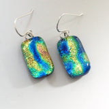 Blue green yellow fused glass earrings