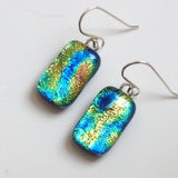 Blue green yellow fused glass earrings
