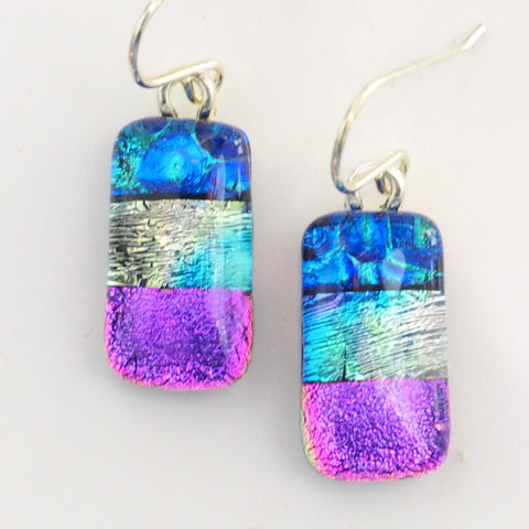 Blue aqua and pink dichroic glass drop earrings