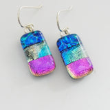 Blue aqua and pink dichroic glass drop earrings