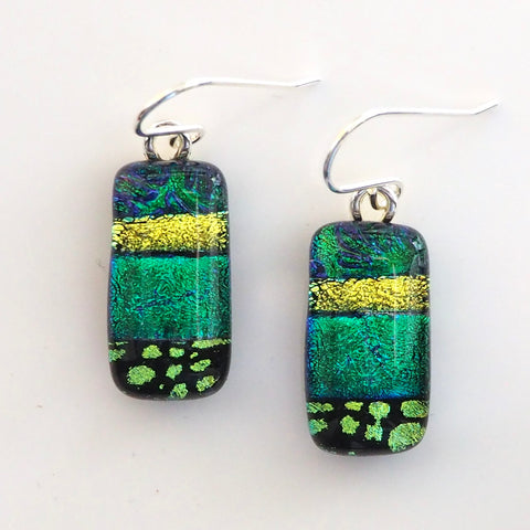 Emerald green and lime dichroic glass earrings