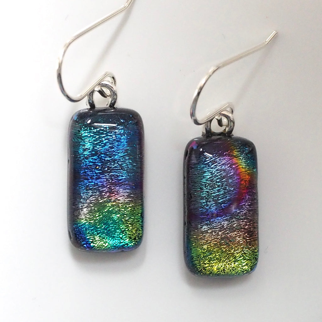 Blue green rainbow fused glass earrings