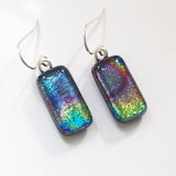 Blue green rainbow fused glass earrings