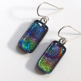 Blue green rainbow fused glass earrings
