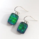 Emerald peacock blue dichroic glass earrings