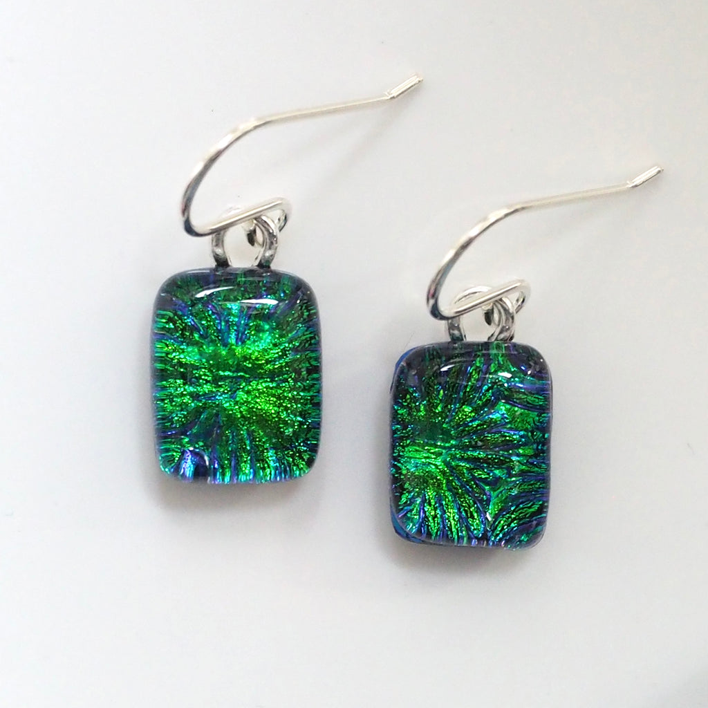 Emerald peacock blue dichroic glass earrings