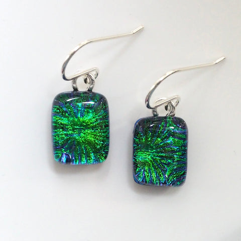 Emerald peacock blue dichroic glass earrings