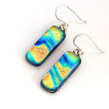 Orange turquoise and blue dichroic glass earrings