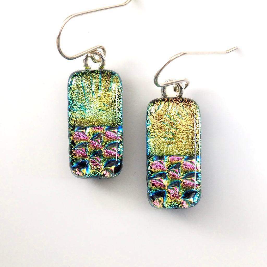 Pale gold pink and navy blue dichroic glass earrings