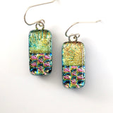 Pale gold pink and navy blue dichroic glass earrings