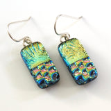 Pale gold pink and navy blue dichroic glass earrings