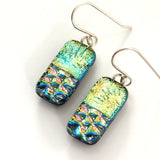 Pale gold pink and navy blue dichroic glass earrings