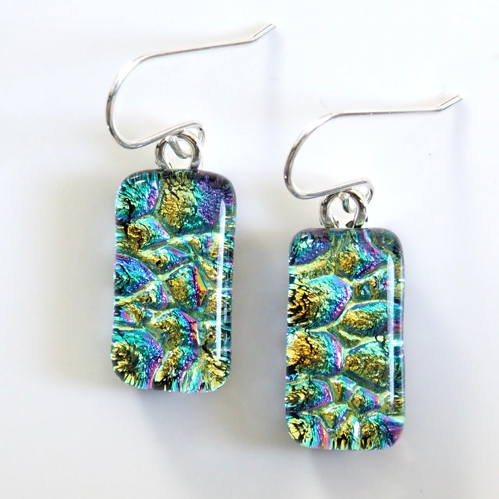 Turquoise gold and pink dichroic glass earrings