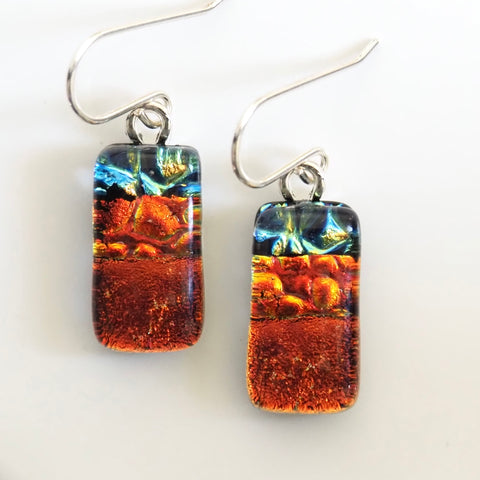 Orange  and blue dichroic glass earrings