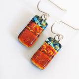 Orange  and blue dichroic glass earrings