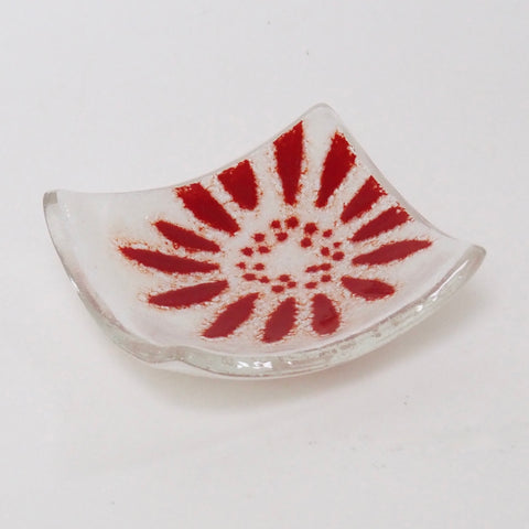 Red daisy fused glass trinket dish votive candle ring holder