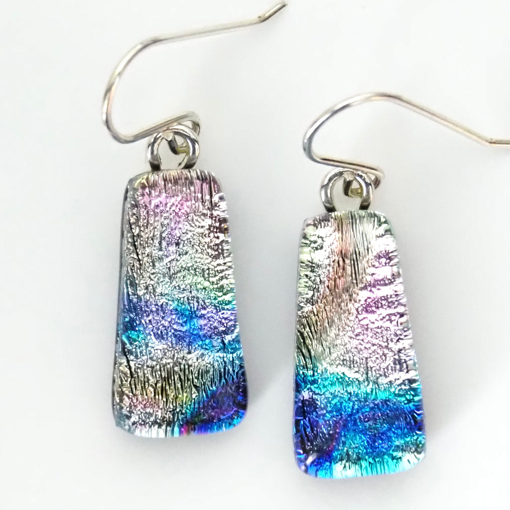 Pale pink blue and turquoise dichroic glass earrings