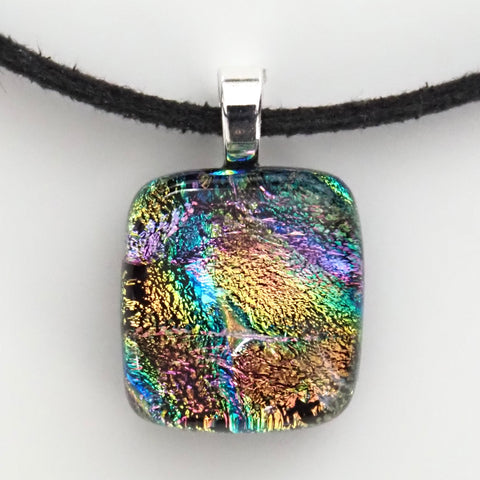 Orange pink green and blue dichroic glass pendant necklace