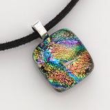 Orange pink green and blue dichroic glass pendant necklace