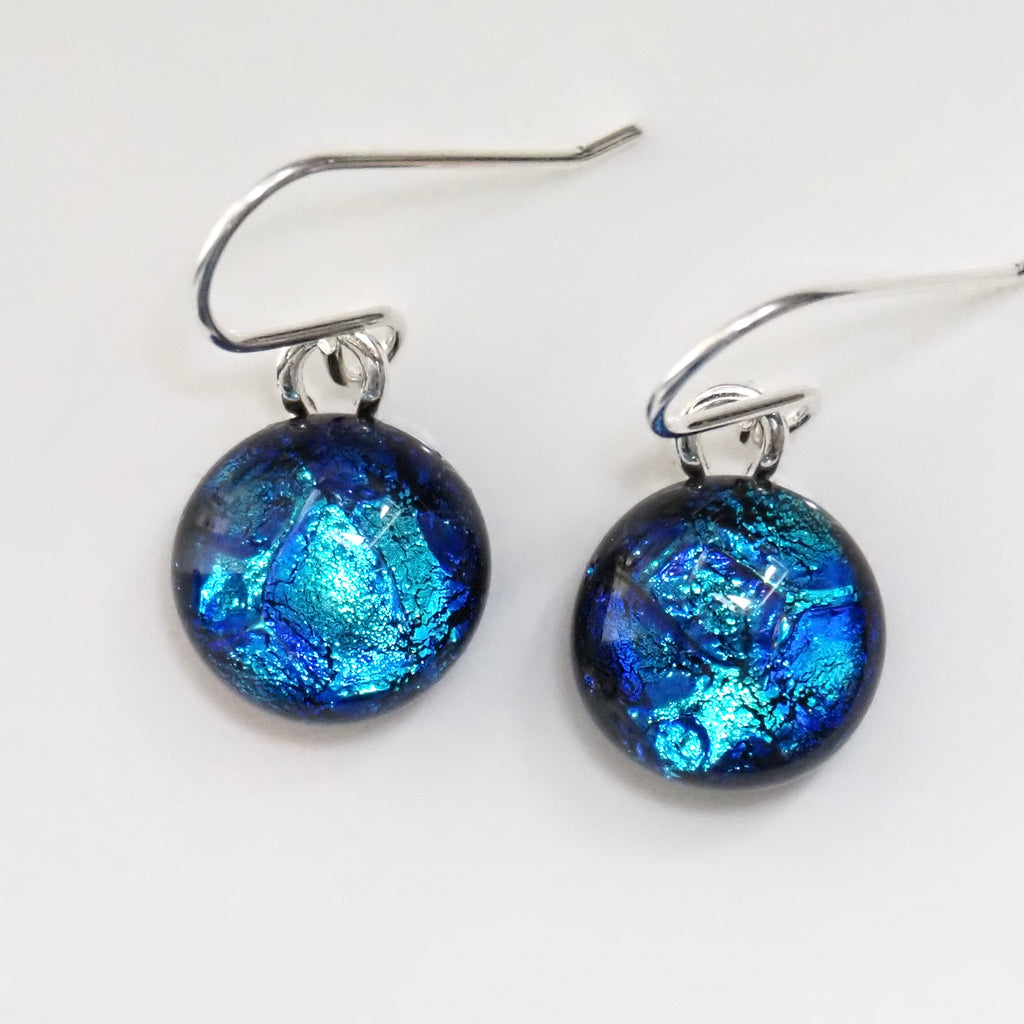 Blue and turquoise round dichroic glass earrings