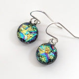 Yellow turquoise round dichroic glass earrings