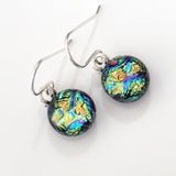 Yellow turquoise round dichroic glass earrings