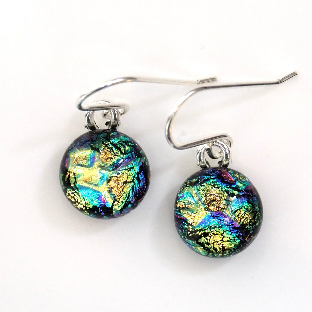Yellow turquoise round dichroic glass earrings